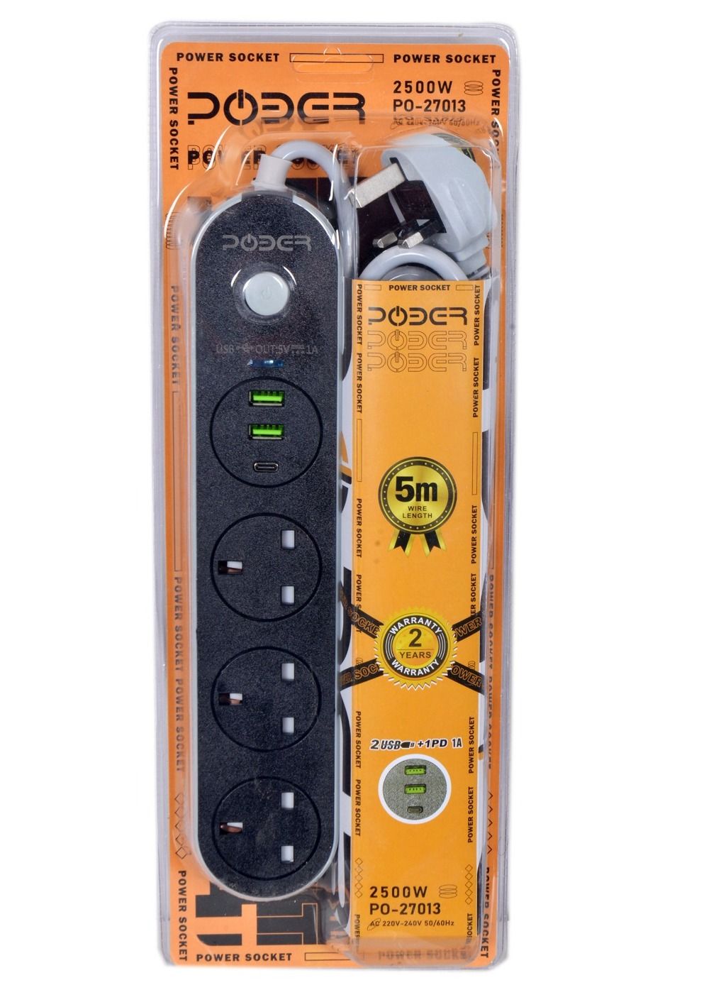 Power Extension Cord, 3, 5 meter Power Strip has 2USB 1PD Type C & 3UK Power Socket, 13A Heavy Duty Extension Lead Surge Protection Extension Socket