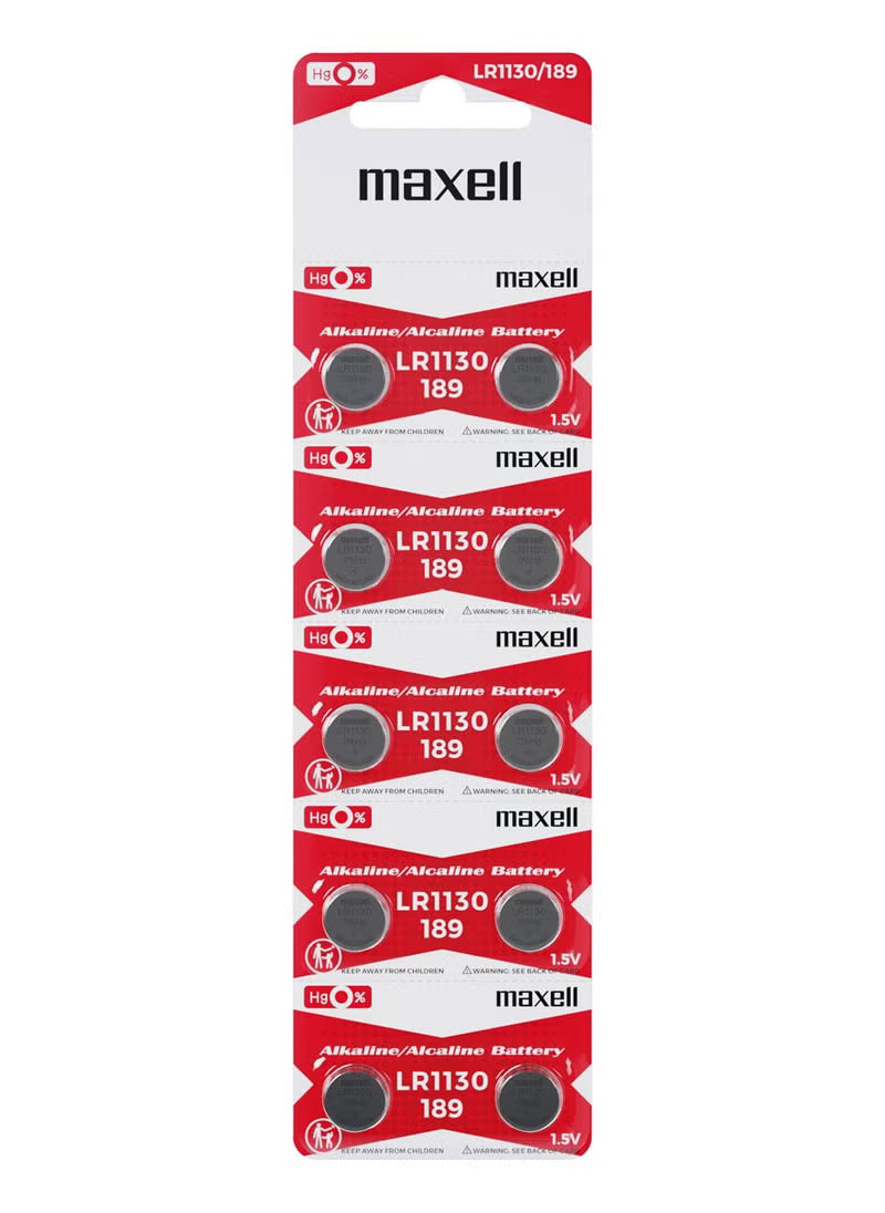 Maxell LR1130 Battery, Pack of 10 Alkaline Coin Battery