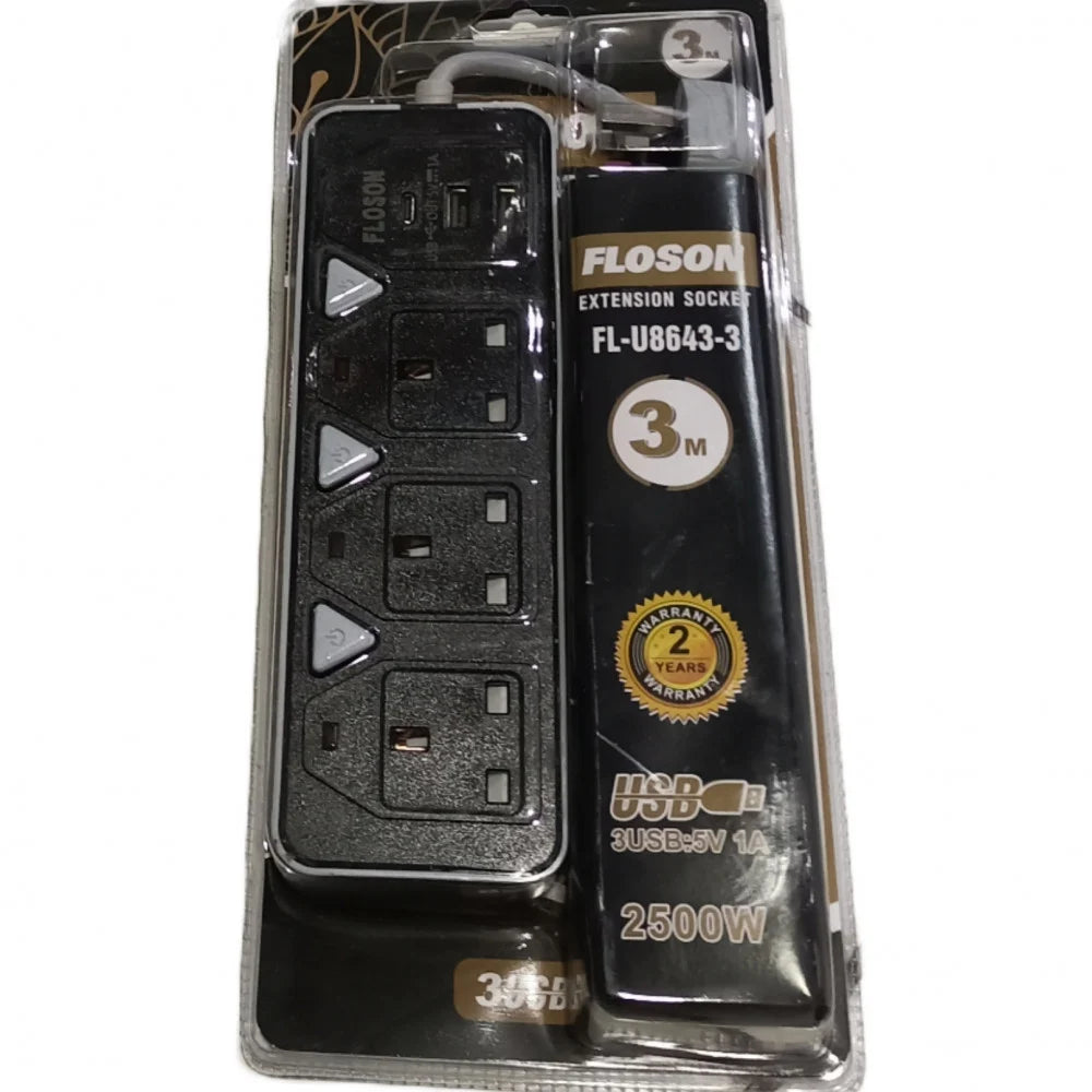 Floson Extension Socket, Best Power Extension Cable Power Strips Extension Cord 3Sockets