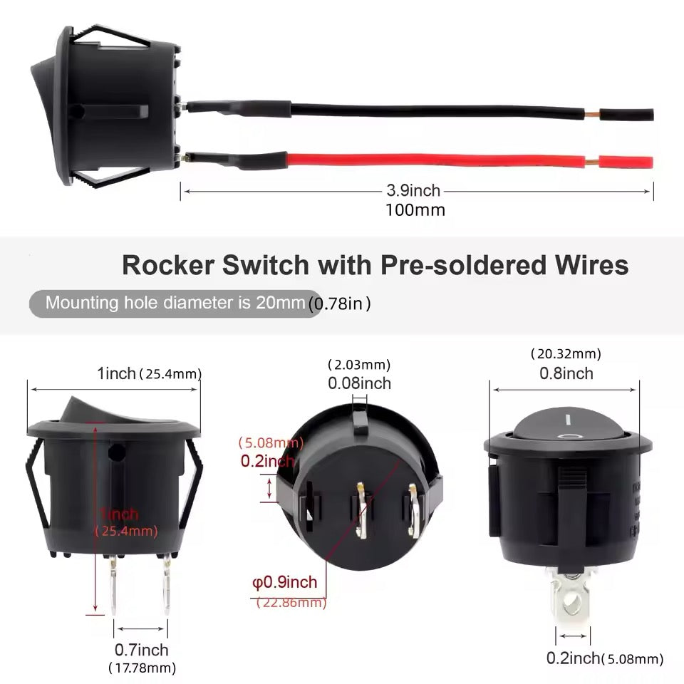 Round Rocker Switch KCD1 On/Off Pre-Installed Wiring Mini Rocker Switch 6A/250V 10A/125V AC