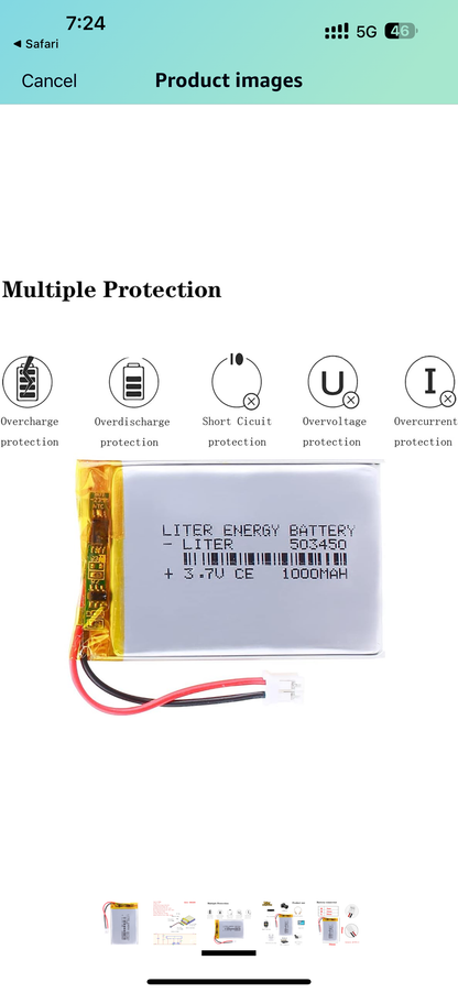 KBT 3.7V 1500mAh Li-Polymer Battery: 503450 Lipo Rechargeable Lithium-ion Replacement Batteries with PH 2.54 JST Connector, PH2.0 JST Connector for Replacement