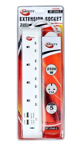 Extension 4 Sockets, 3 Meter 2500W USB Port 1000 MA 1 Type-C  Charging Port.