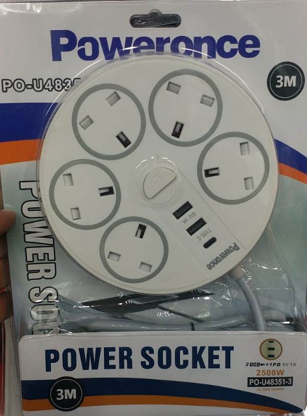 POWERONCE Power Socket 3 Meter Extension  Lead, 5 Outlets 2 USB & 1 Type-C PD, 3 meter extension lead  Maximum Power 2500W